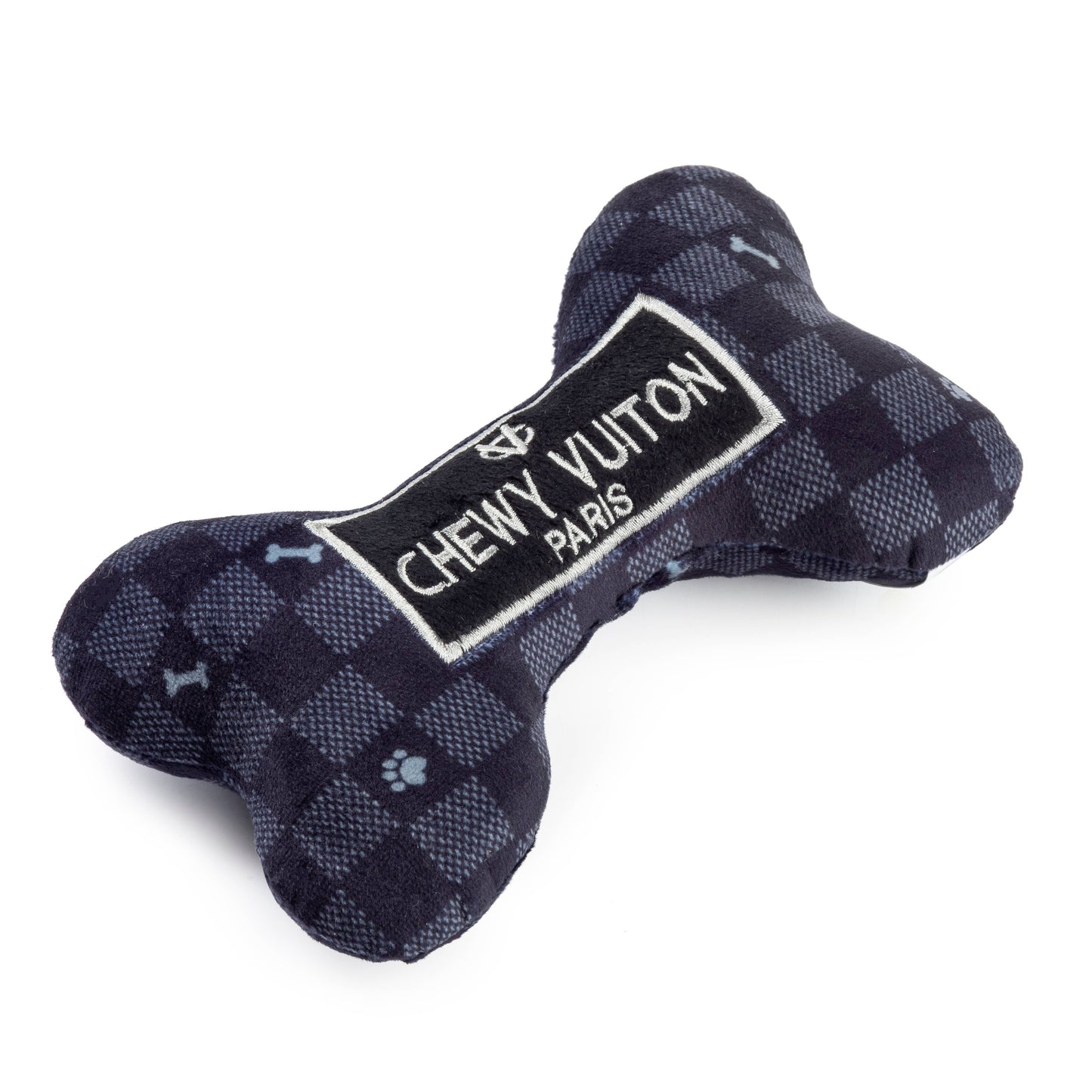 Black Checker Chewy Vuiton Bone Squeaker Dog Toy: Large