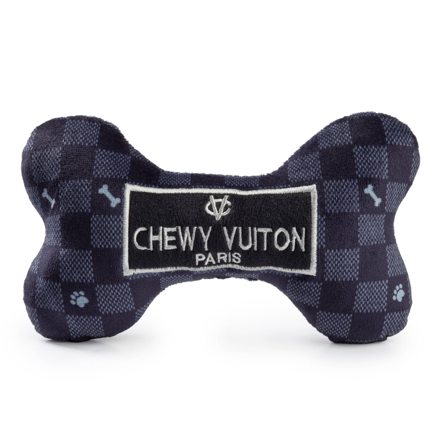 Black Checker Chewy Vuiton Bone Squeaker Dog Toy: Large