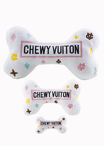 White Chewy Vuiton Bones Squeaker Dog Toy: Large