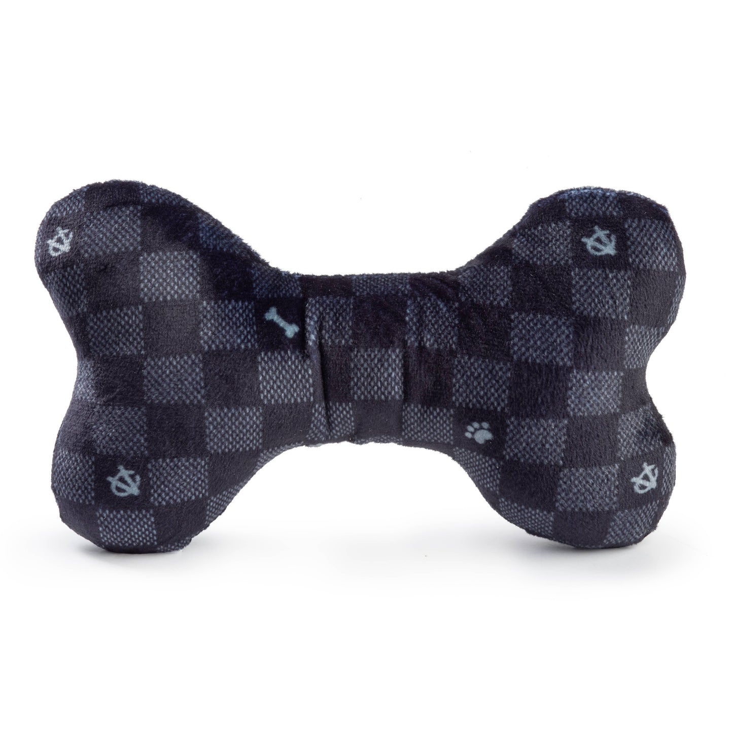 Black Checker Chewy Vuiton Bone Squeaker Dog Toy: Large