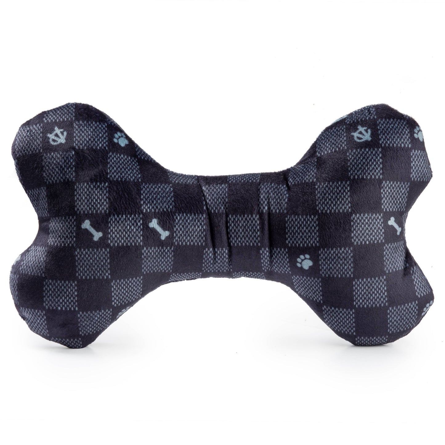 Black Checker Chewy Vuiton Bone Squeaker Dog Toy: Large