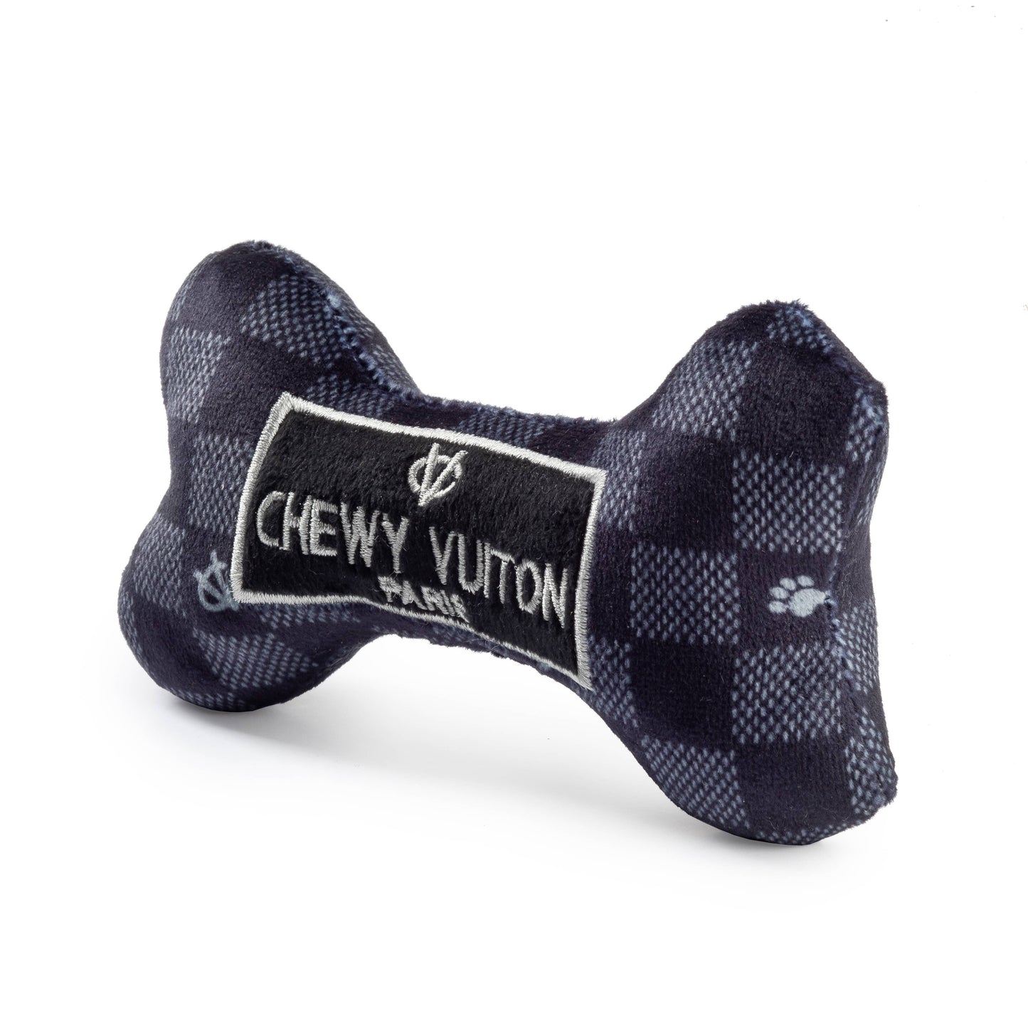 Black Checker Chewy Vuiton Bone Squeaker Dog Toy: Large