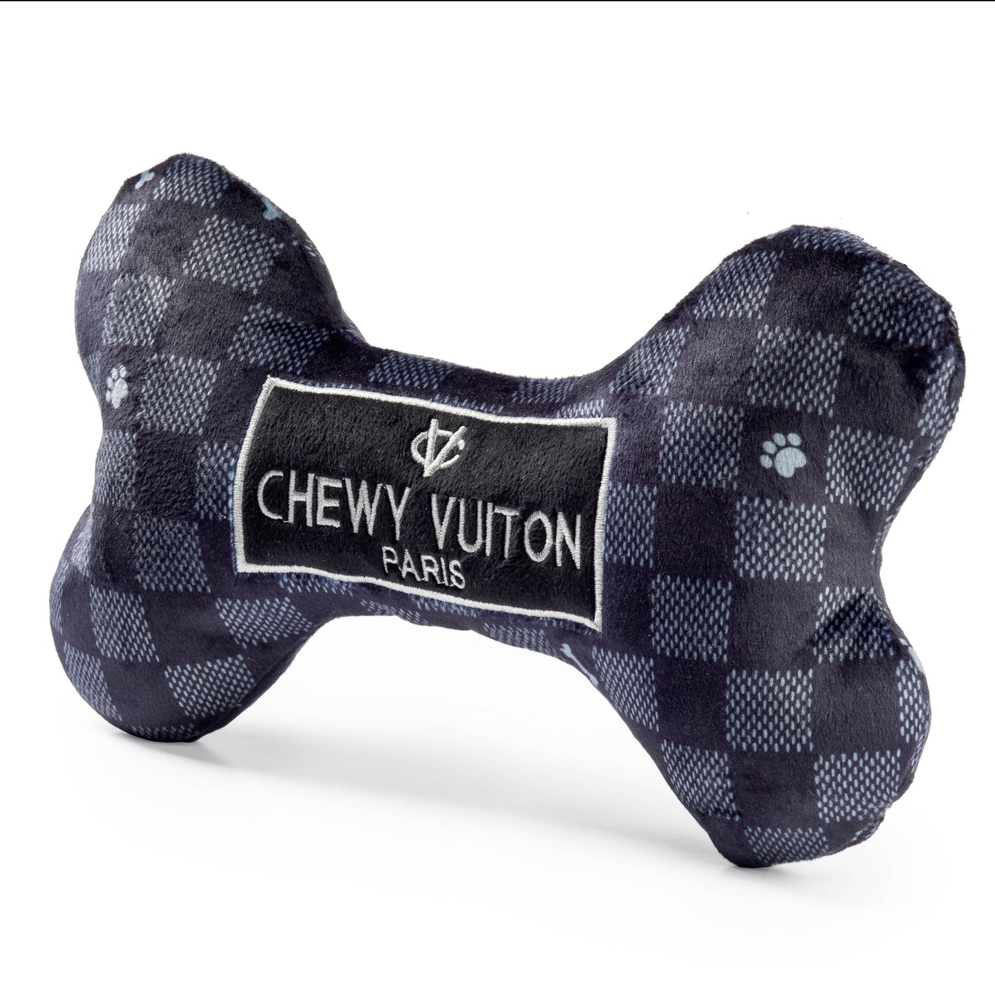 Black Checker Chewy Vuiton Bone Squeaker Dog Toy: Large