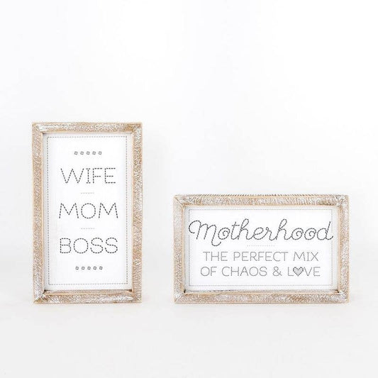 Motherhood Is The Perfect Mix Of Chaos & Love / Wife Mom Boss Double Sided Wooden Framed Sign